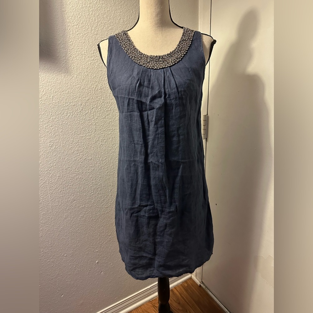 Beaded Neckline Sleeveless linen Dress